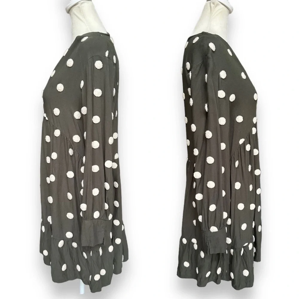 Zara Khaki Green Embroidered Polka Dot Long Sleeve Baby-Doll Dress | Medium - Picture 9 of 14